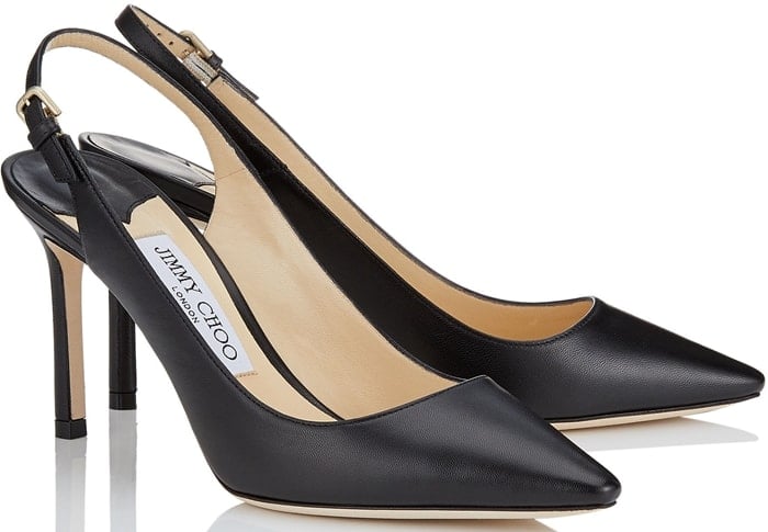 The Erin pointed sling-back pump in black kid leather is a classic silhouette with modern appeal