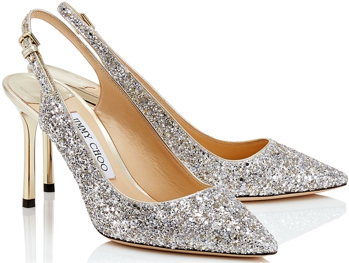 The Erin pointy slingback pump in champagne coarse glitter is a classic silhouette with modern appeal