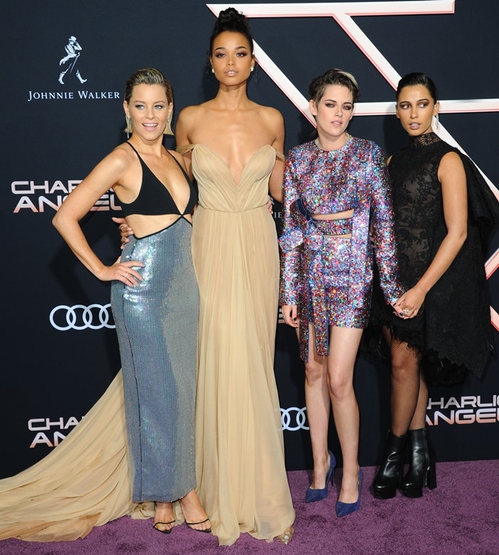 Kristen Stewart, Naomi Scott and Ella Balinska were joined director Elizabeth Banks at the premiere of Charlie’s Angels