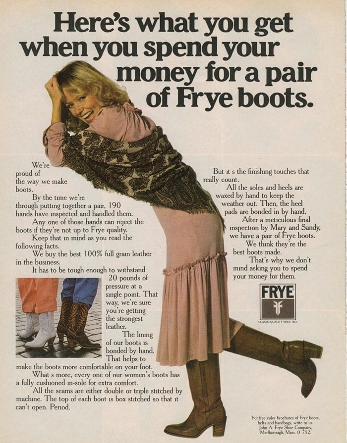 A 1978 advertisement for The Frye Company, a manufacturer of shoes, boots, and leather accessories founded in 1863