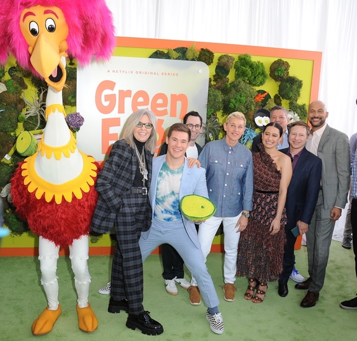 Diane Keaton, Adam DeVine, Jared Stern, Ellen DeGeneres, Ilana Glazer, Netflix CCO Ted Sarandos, Jeff Kleeman, and Keegan-Michael Key attend the premiere of Netflix's "Green Eggs And Ham"