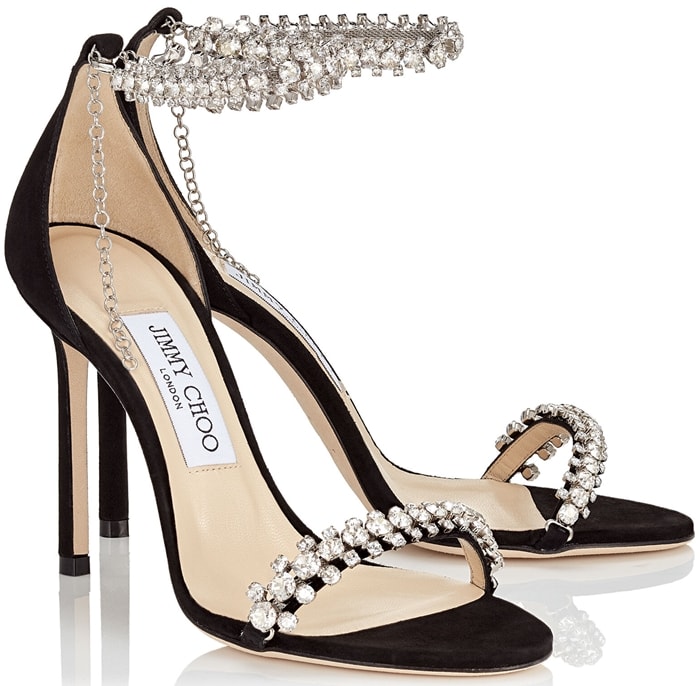 Shiloh 100 in black suede with jewel trim is the perfect eye-catching evening sandal