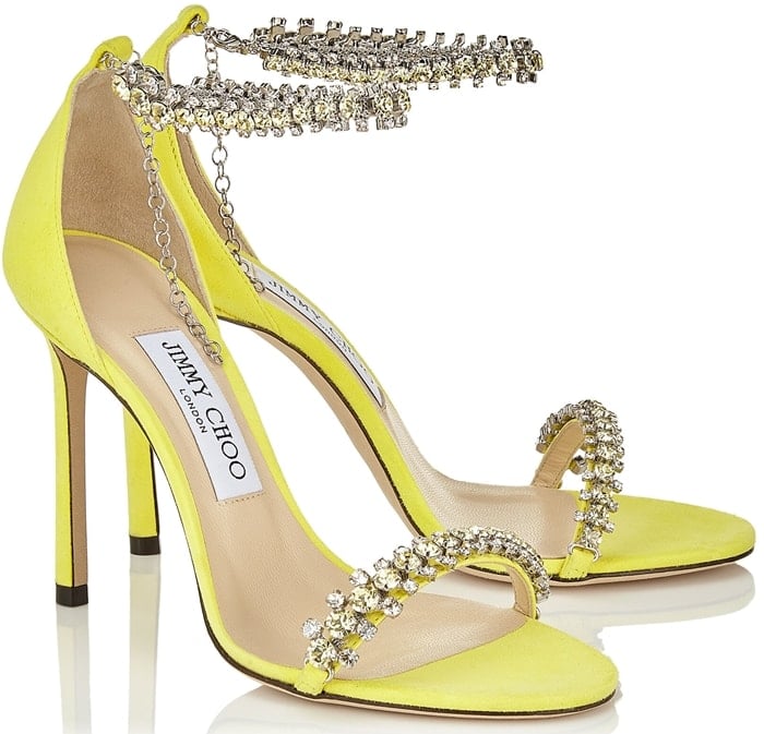 Shiloh 100 in fluorescent yellow suede with jewel trim is the perfect eye-catching evening sandal