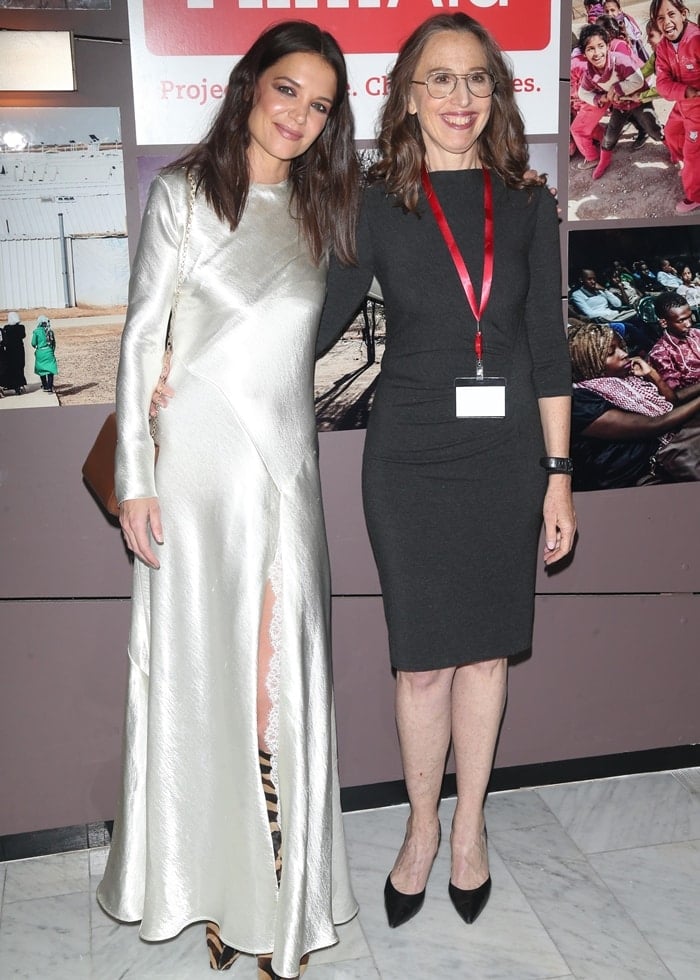 Katie Holmes posing with Caroline Baron, a New York-based film and television producer, humanitarian, entrepreneur and university professor