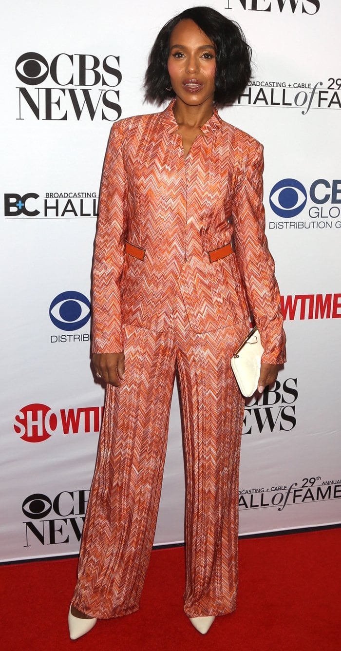 Kerry Washington's Missoni orange chevron print knit mandarin collar jacket with matching wide-leg pants