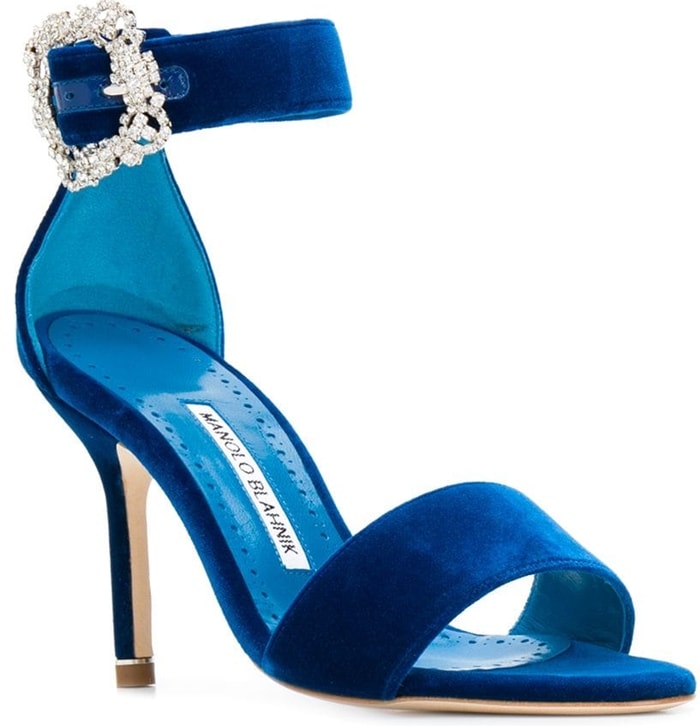 This elegant satin sandal will take you through the event season in style with an ankle strap with a side buckle fastening, a Swarovski crystal buckle, an open toe, a branded insole, a leather sole, and a stiletto heel