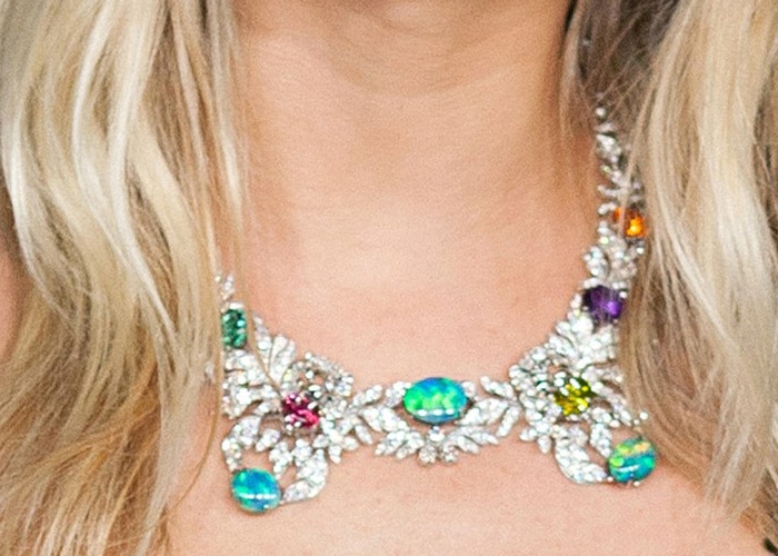 A close up of Sienna Miller's expensive Gucci necklace that's worth over $500,000 