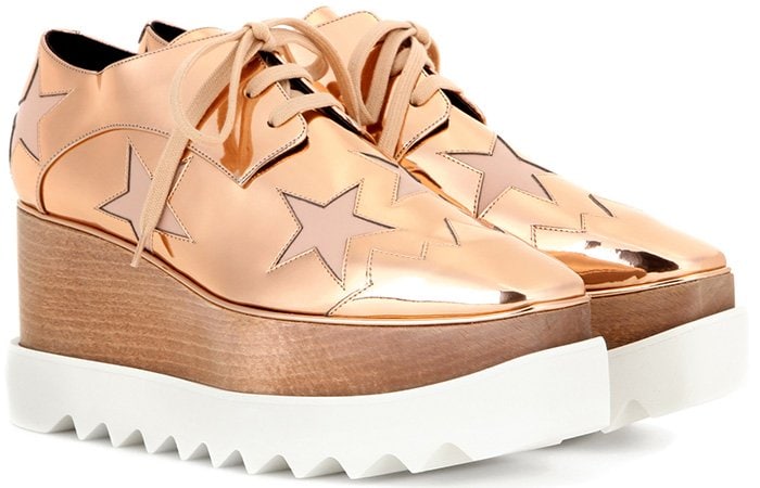 Masculine-inspired lace-ups are given the Stella McCartney touch with a sustainable wood platform and a saw-edge rubber sole