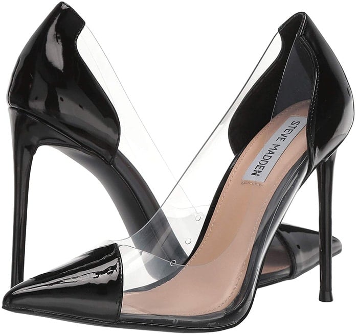 Polish your sexiest ensembles with this sleek pointed stiletto with a partially transparent upper