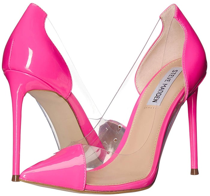 Polish your sexiest ensembles with this sleek pointed stiletto with a partially transparent upper