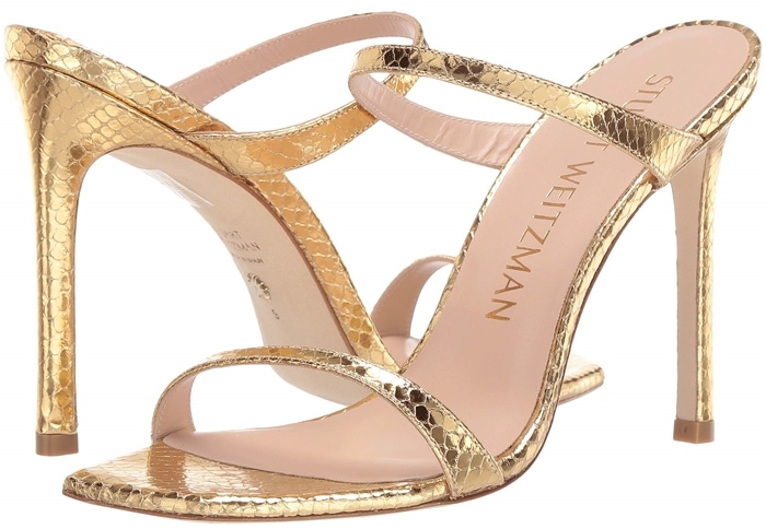 Stuart Weitzman's Aleena heeled sandals feature a slip-on open-toe silhouette