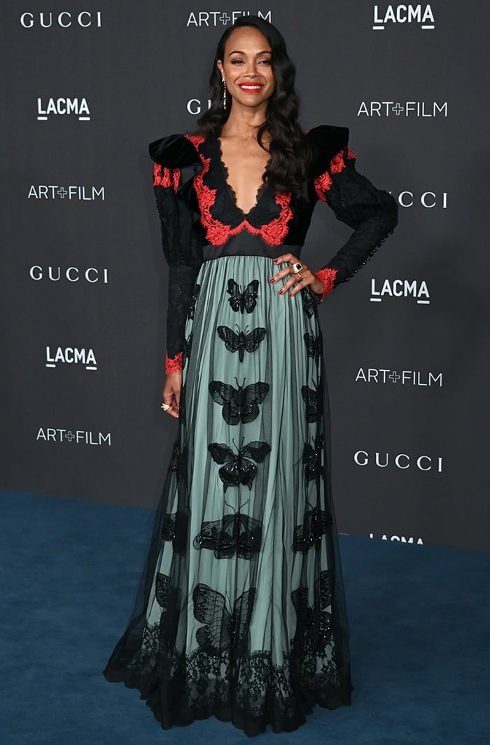 Zoe Saldana wears a quirky Gucci color-blocked lace dress