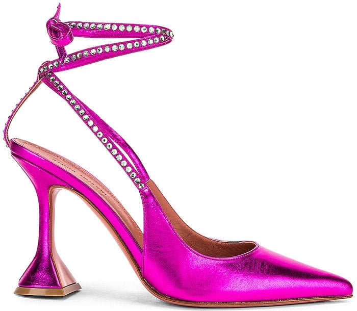 Karma is rendered from glossy hot pink leather that's trimmed with crystals and finished with two ties to wrap flatteringly around the ankle