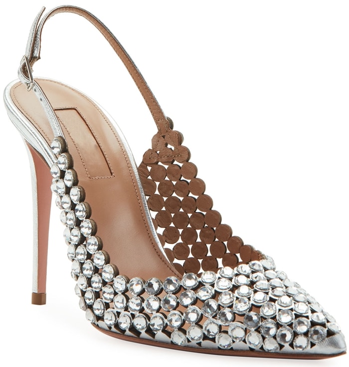 Silver Tequila Crystal-Embellished Leather Slingback Pumps