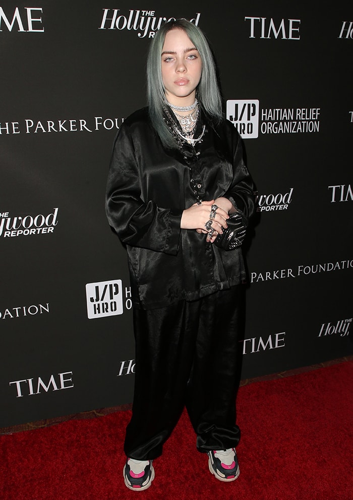 Billie Eilish in a black satin outfit at Sean Penn's CORE Gala in Los Angeles on January 6, 2019