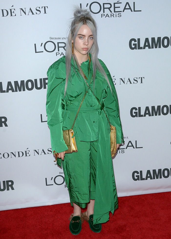 Billie Eilish in Craig Green outfit and Gucci slides at the 2017 Women Of The Year Awards on November 14, 2017