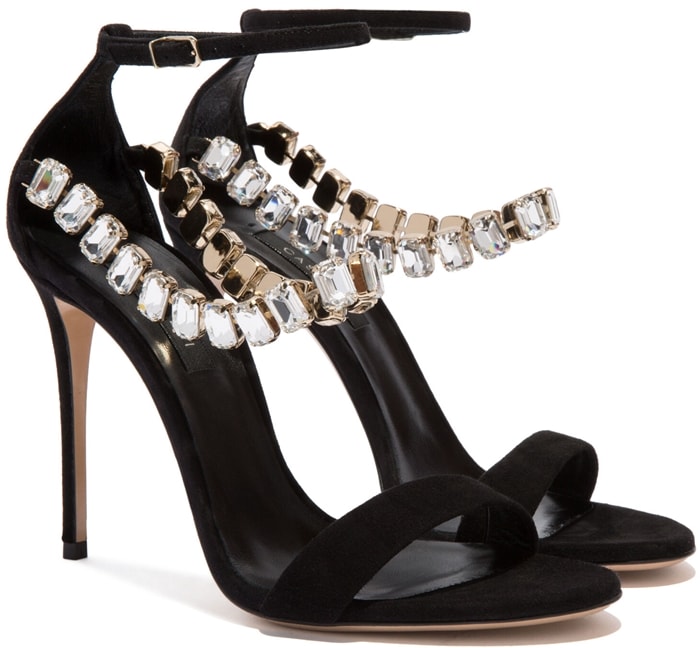 Black suede Julia Lily Rose sandals featuring an open toe, a toe strap, an ankle strap with a side buckle fastening, crystal embellishments and a high stiletto heel