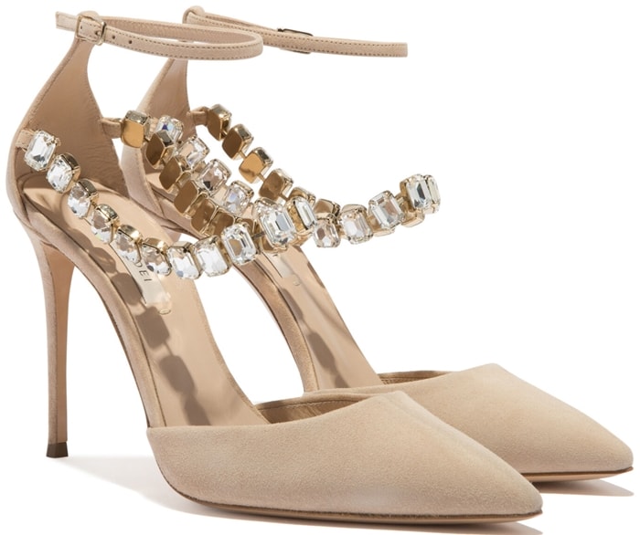 Neutral suede and leather Julia Lily Rose pumps from Casadei featuring a pointed toe, an ankle strap with a side buckle fastening, crystal embellishments and a high stiletto heel