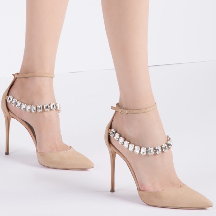 Neutral suede and leather Julia Lily Rose pumps from Casadei featuring a pointed toe, an ankle strap with a side buckle fastening, crystal embellishments and a high stiletto heel