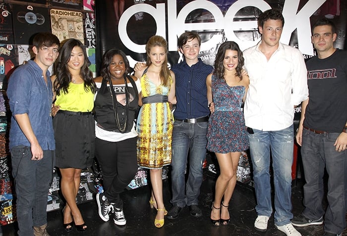 The cast of Glee during The Gleek Tour at Hot Topic in Hollywood on August 28, 2009