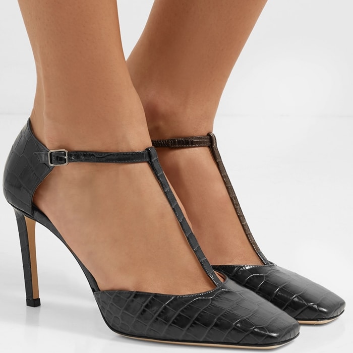 Lexica pumps have been made in Italy from charcoal croc-effect leather