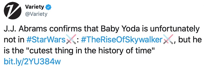 J.J. Abrams has confirmed that Baby Yoda from “The Mandalorian” will not appear in the latest film