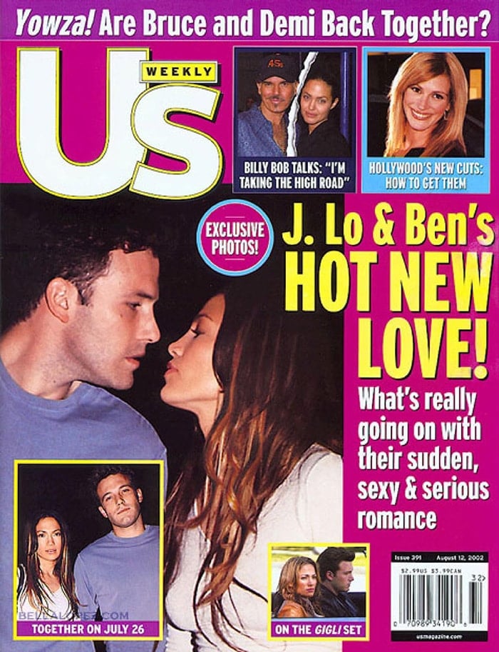 Jennifer Lopez and Ben Affleck on the front cover of US Weekly August 2002 issue 