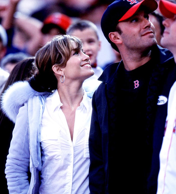 Jennifer Lopez and Ben Affleck attend a Boston Red Sox baseball game in Los Angeles on April 1, 2003