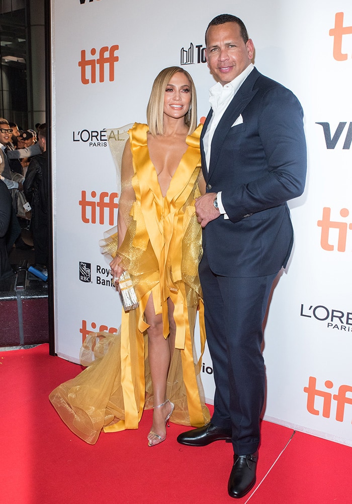 Jennifer Lopez looking radiant alongside Alex Rodriguez at the Hustler premiere during the 44th Toronto International Film Festival in Canada on September 8, 2019