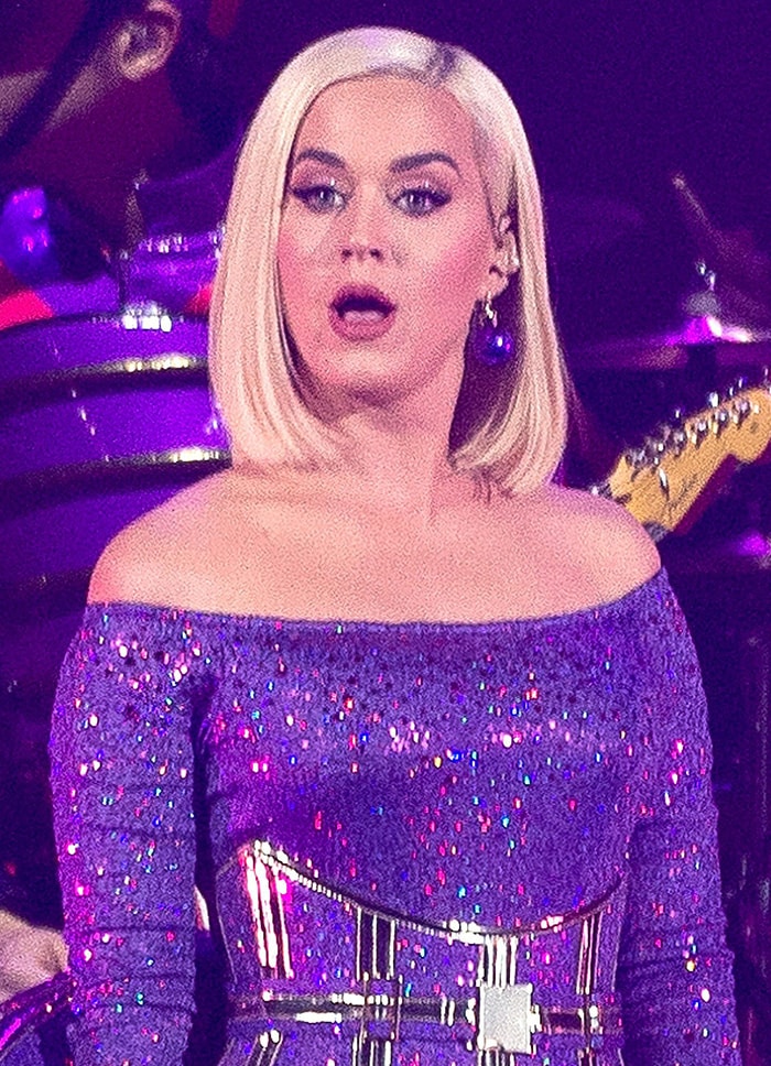 Katy Perry wears matching purple eyeshadow and mauve lipstick