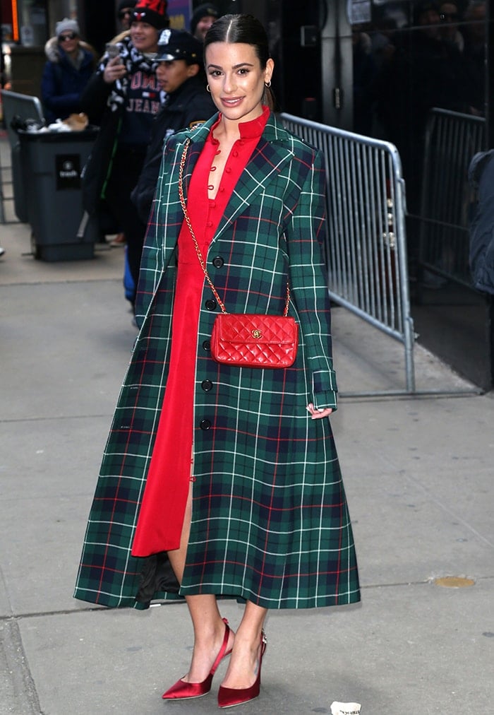 Lea Michele promotes her new album in Novis red dress and Duncan tartan coat on December 5, 2019