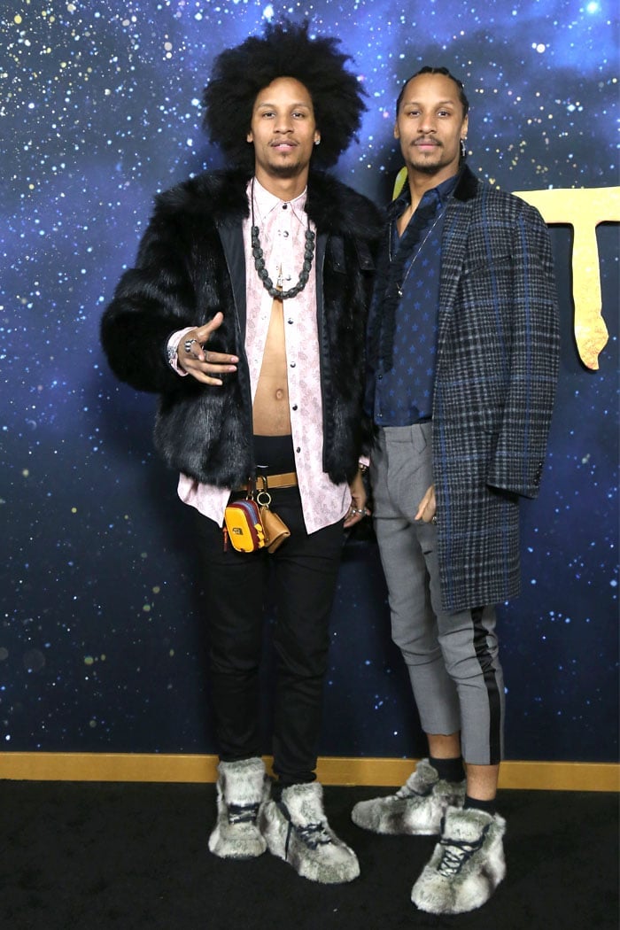 Fur sneakers on the Les Twins at the Cats premiere