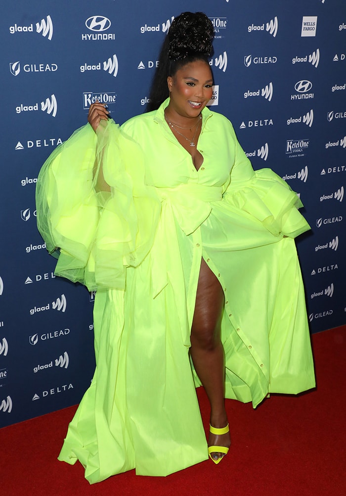 Lizzo in a neon green gown at the 30th Annual GLAAD Media Awards on March 28, 2019