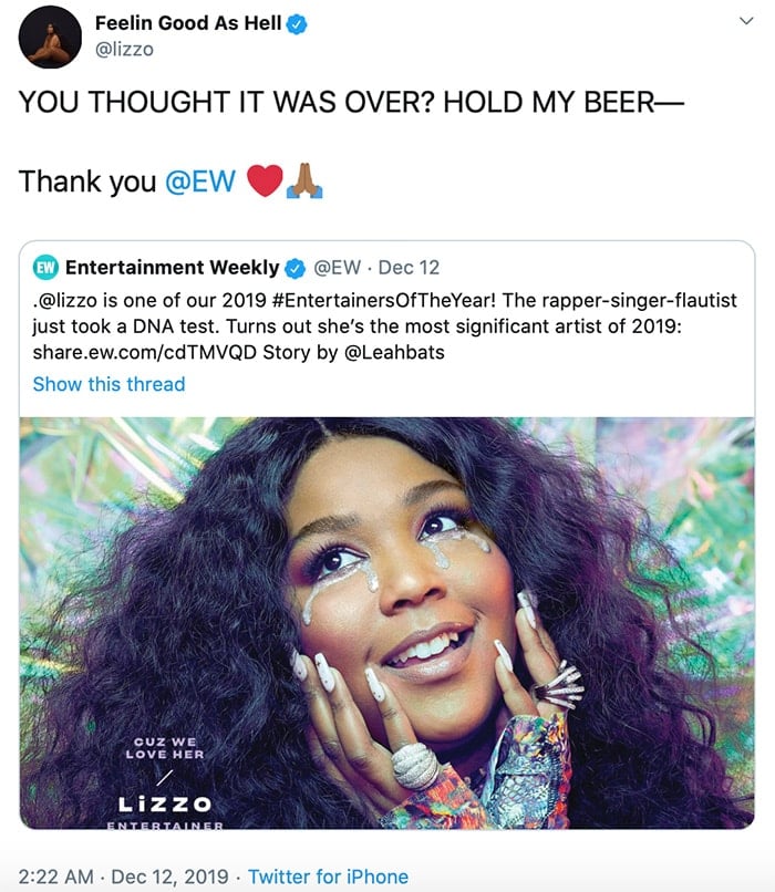 Lizzo was also named Entertainer of the Year by Entertainment Weekly