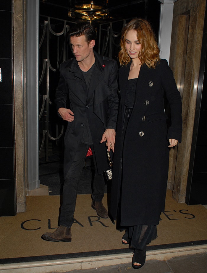 Matt Smith and Lily James at Burberry and Claridge's Christmas Tree Launch Party at Claridge's in London on November 18, 2015