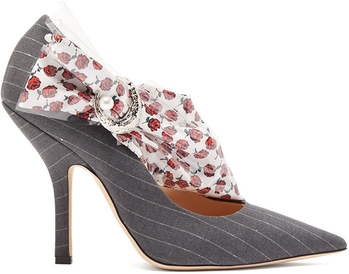 Midnight 00 offsets the smart pinstripes on these grey Miss Pump pumps with a white rose-print satin strap across the arch that's encased in glossy PVC