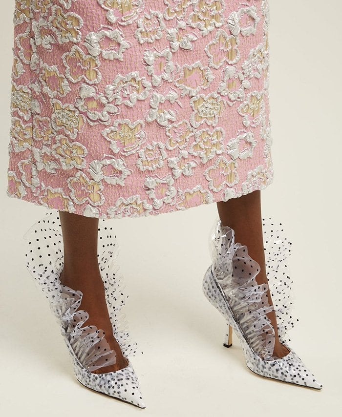 This extravagantly ruffled pair is expertly crafted in Italy from PVC and polka-dot printed tulle-covered leather