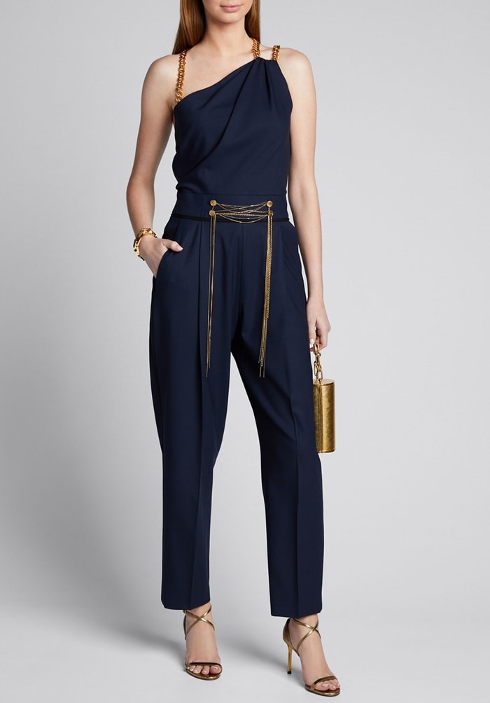 Oscar de la Renta Asymmetrical Chain Strap Stretch Wool Jumpsuit