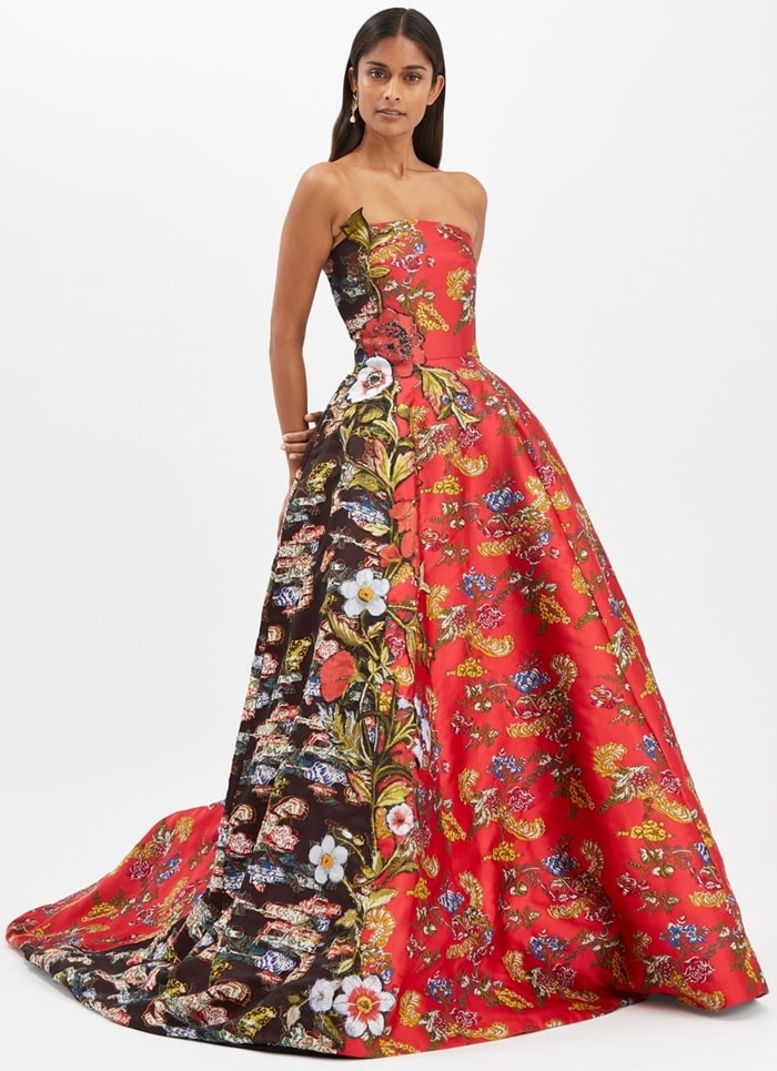 Oscar de la Renta Ruby Floral Fil Coupé Satin Ballgown