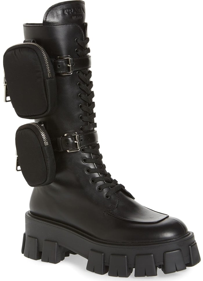 These black Prada Monolith pocket leather combat boots have been made to exacting detail in Italy