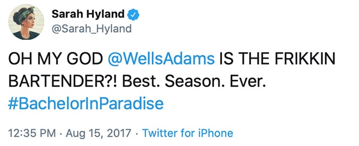 Sarah Hyland took her excitement to Twitter about Wells Adams appearing in Bachelor in Paradise