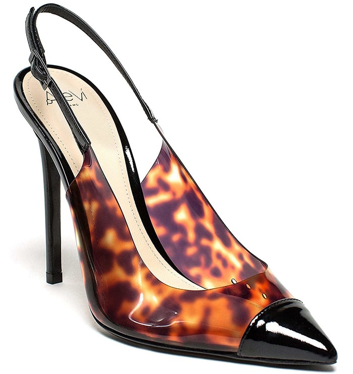 Sling-back pump is realized in patent leather and tortoiseshell plexy