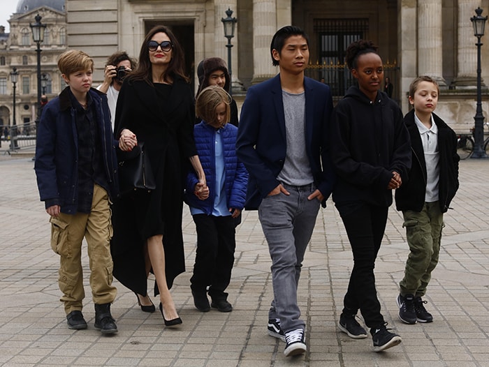 Angelina Jolie with her children Shiloh Pitt Jolie, Maddox Pitt Jolie, Vivienne Marcheline Pitt Jolie, Pax Thien Pitt Jolie, Zahara Marley Pitt Jolie, Knox Leon Pitt Jolie, visit the Louvre in Paris