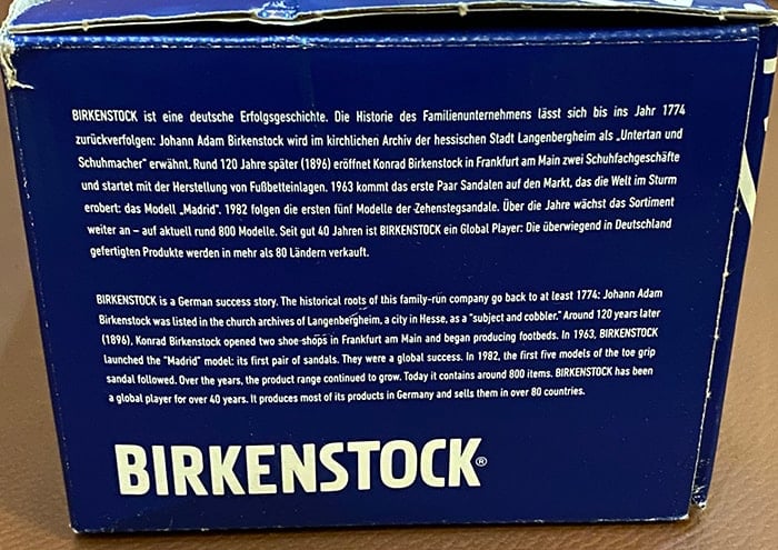 One side of the box shows a short text about Birkenstock's history
