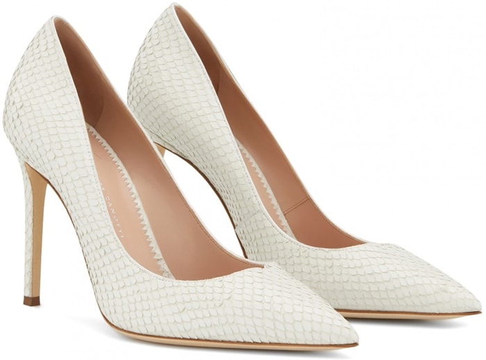 These pumps are crafted from white reptile-print leather with transparent vinyl engraving