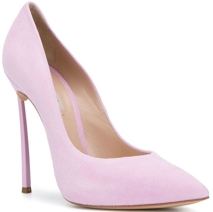 Pink suede Flamingo pumps from Casadei featuring a high stiletto heel, a slip-on style, a pointed toe and a leather lining