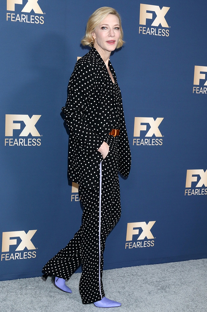 Cate Blanchett wears a black and white polka-dot pantsuit