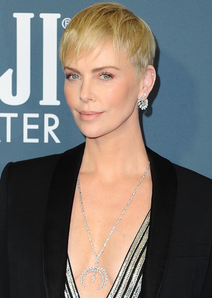 Charlize Theron wears sleek pixie and soft makeup