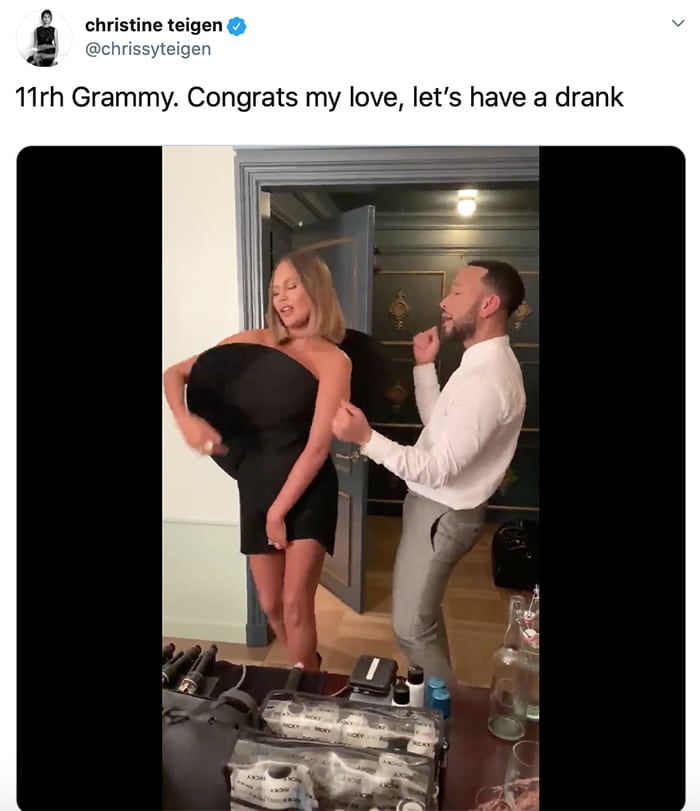 Chrissy Teigen and John Legend celebrating his Grammy win in a video clip