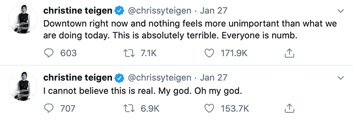 Chrissy Teigen in grief over the sudden death of Kobe Bryant